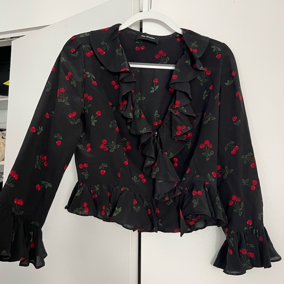 The Kooples Cherry Love-Print Ruffled Silk Top - Picture 1 of 5